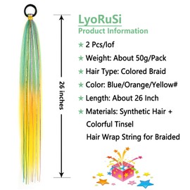 LyoRuSi 26 Inch Braid Ponytail Extension 2 Pack Hair Tinsel Colored Long Braided Ponytail Extension with Hair Tie Straight Sleek Wrap Around Hair Extensions for Braids (Green/Orange/Yellow#)