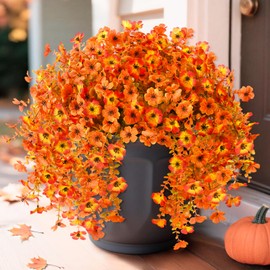 ZFProcess Artificial Fall Flowers for Outdoors, 2PCS Silk Fake Flowers Realistic Daisy Mums UV Resistant Porch Patio Window Yard Decor (Sunset Red)