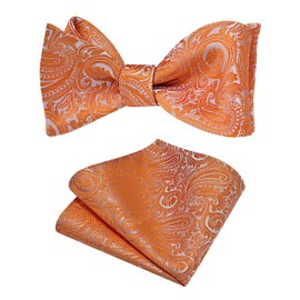 GUSLESON Mens Retro Paisley Self Tied Bow Tie for Wedding Silk Woven Orange Bow tie Pocket Square Set (0652-04)