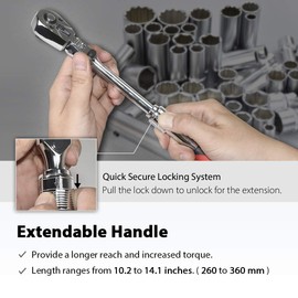 FIRSTINFO 3/8-Inch Drive Locking & Flexible Extendable Ratchet Wrench Reversible, Soft-Grip with 72-Tooth Geared Action (Length: 10.2 to 14.1 inches)