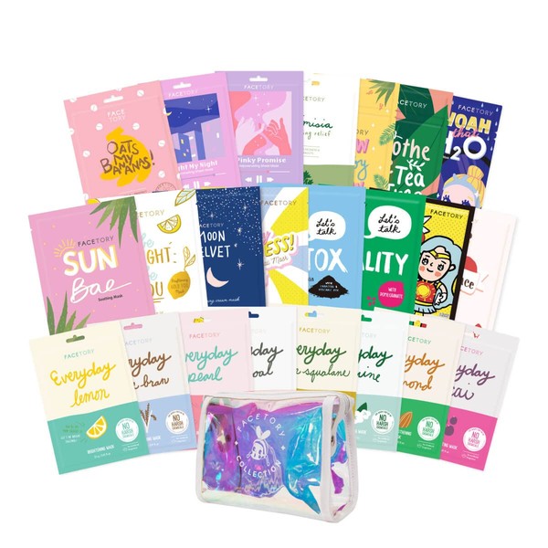 FACETORY Glow Getter Bundle - 23 Variety Sheet Mask Pack with Travel-Friendly Makeup Pouch - Hydrating, Moisturizing, Radiance Boosting Sheet Mask Set