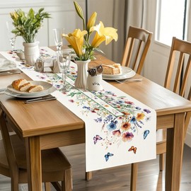 ANATTASOUL Spring Table Runner Watercolor Flowers and Butterflies Durable Kitchen Decor, 13"x72" Summer Seasonal Table Decorations for Home Party Dining Room