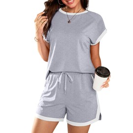 Dokotoo Two Piece Sets For Women Summer Color Block Lounge Sets Crewneck Tops And High Waist Shorts Loungewear Track Suits Womens Fall Fashion 2024 Outfits For Women Matching Sets