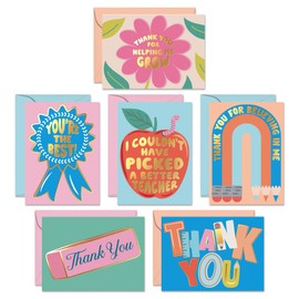 S&O Set of 24 School Teacher Appreciation Cards - 6 Assorted Thank You Notes Designs - Cute Thanks Messages with Envelopes - Kids Grateful Slips for Mentor & Coach - Gratitude Sheets for Professors
