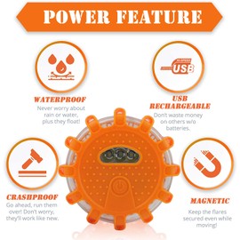 Ecoangel USB Rechargeable LED Road Flares Emergency Lights-Roadside Warning Car Safety Beacon Flashing Disc Flare Kit with Magnetic Base for Vehicles & Boat | 3 Beacon Disc Pack