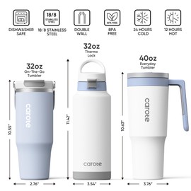 CAROTE 3-Pack Insulated Stainless Steel Water Bottles, Cup Holder Compatible for Travel, Upgraded Leak Proof, 32/32/40 oz Built-In Straw Tumblers Set for Daily Use/Outdoor (Blue)