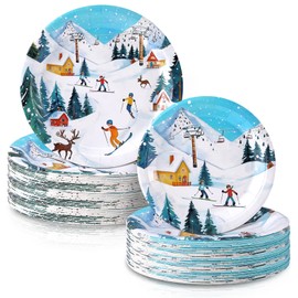 Funnymoom 48 Pcs Skiing Paper Plates Set Ski Birthday Party Decorations Include 9" 7" Ski Disposable Plates Skier Snow Decorative Dinner Tableware for Winter Christmas Party Supplies