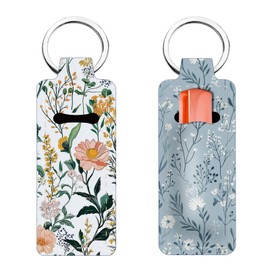 FREEBLOSS 2Pcs Chapstick Holder Keychain Lip Balm Holder Keychain Lightweight Lipstick Sleeve Pouch with Single Plants Pattern for Women Girls 1.5x3.8''