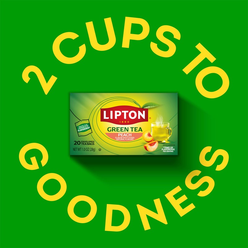 Lipton Peach Green Tea Bags, Flavored, Unsweetened Teabags for Hot