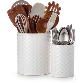 Utensil Holder - 7.1"+5.4" Ceramic Utensil Holder for Kitchen Counter, Large Utensil Crock Flatware Organizer Spatula Holder for Counter, Farmhouse Embossed Vase for Housewarming, Home & Kitchen Decor