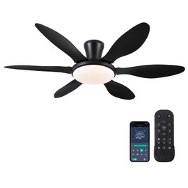 Ceiling Fans with Lights, 51 inch Modern Black Low Profile Ceiling Fan with Light and Remote App Control, Flush Mount, Quiet DC Reversible, Dim Led Ceiling Fan 6 Blade Softer Wind Indoor/Outdoor Patio