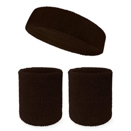 COUVER Cotton Solid/Plain Sweatband Set(Headband x 1+ 4" Wristband x 2) for Sports - Dark Brown