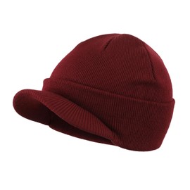 Magracy Unisex Men's Warm Visor Beanie Outdoor Double Knit Hat with Peak Winter Hat (Burgundy)