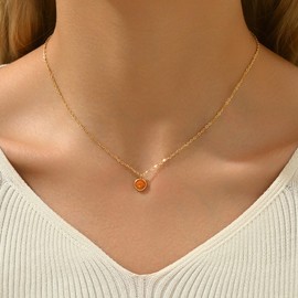 Jewigo Opal Necklaces for Women Dainty 18K Gold Plated Created Orange Opal Pendant Necklace Simple Round Opal Jewelry Gift