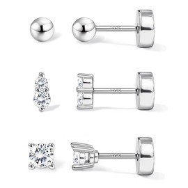 JeweBella 3 Pairs Sterling Silver Stud Earrings Set for Women 14K Gold Plated Small Stud Earrings Silver Gold Stackable Dainty Flat Back Earrings for Conch Cartilage Tragus Helix Piercing