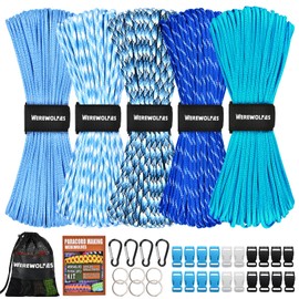 WEREWOLVES 550 Paracord Kits 100ft Each Color - 5 Colors Parachute Cord Combo 7 Strand Type III Parachute Cord 4mm for Crafting, Dog Collar, Survival Bracelets (Blue, 100FT Each Color)