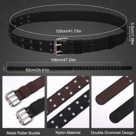 2 Pack Double Grommet Belt, 120 cm Adjustable Canvas Belts Elastic Stretch Belts Vintage Buckle Punk Belts for Women Men
