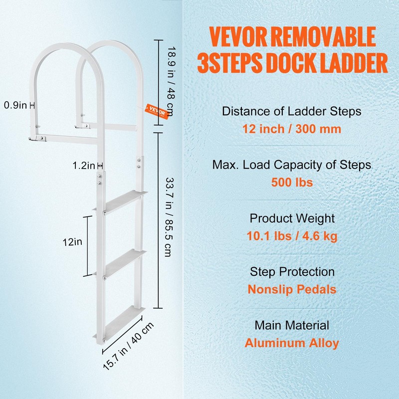 VEVOR Removable Dock Ladder 3 Steps, 500lbs Load Capacity, Aluminum