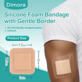 Dimora Silicone Foam Dressing 3x3 inch with Border 20 Pack, Wound Bandage, Gentle Adhesive Waterproof Pads for Sensitive Skin Wound Care 7.5x7.5 cm