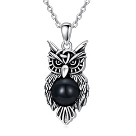 YFN Owl Necklace Sterling Silver Owl Black Onyx Necklace Owl Bird Onyx Pendant Owl Jewellery Gifts for Women Men Owl Lovers Birthday, Sterling Silver, No Gemstone