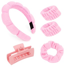 Ondder Pink Spa Headband and Wristband Set Makeup Spa Headband for Washing Face Bubble Skin Care Headbands Face Wash Sponge Puffy Headband Head Bands Hair Accessories for Women Girls