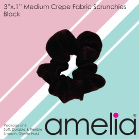 Amelia Beauty | 3in Black Crepe Scrunchies | Soft, Gentle and Strong Hold | No Snag, No Dents or Creases | 8 Pack