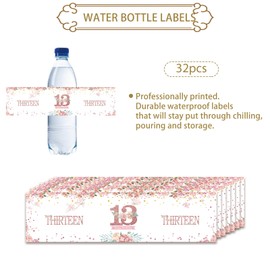 32pcs Happy 13th Birthday Water Bottle Labels, Pink Folwer Cheers to Thirteen Years Old Birthday Stickers, Floral Themed Birthday Party Water Bottle Wrappers