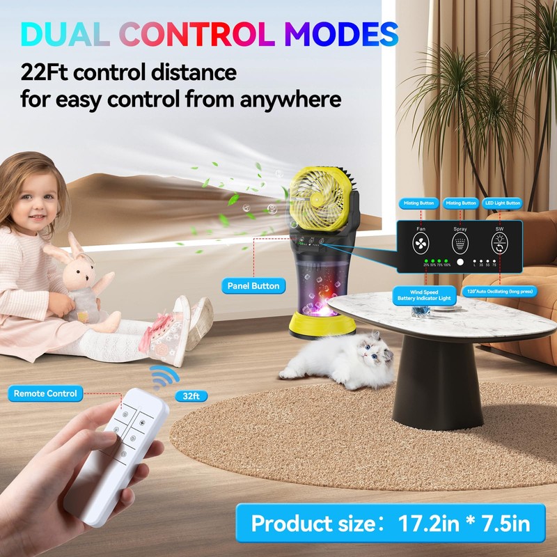 Misting Fan Portable 42800mAh Battery Powered with Remote Control, Camping