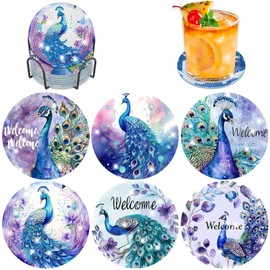 BOWETILE 6PCS Peacock Diamond Art Painting Coasters Kit with Holder, Peacock Diamond Art Kits for Adults Beginners, DIY Funny Drinks Coasters with Cork, Arts and Crafts Kits for Home Table Decor