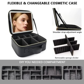 Travel Makeup Bag for Makeup Artists Large Makeup Case,with Mirror 3 Color Setting and Detachable 10x Magnifying Mirror Travel Makeup Bag,Portable Storage and Adjustable Dividers Makeup Bag（black）