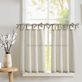 jinchan Tie Top Linen Kitchen Curtains 36 Inch Length Striped Tier Curtains Ticking Stripe Small Drapes for Living Room Bathroom Cafe Small Window Farmhouse Rustic Pinstripe Rod Pocket 2 Panels Taupe
