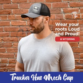 WYR Clothing - Snapback Hat with Wyoming Roots Design, Stylish Hats for Men and Women, Polyester Cotton Baseball Cap with Mesh Back, Six-Panel Trucker Hats, Universal Size, Charcoal & Black Mesh