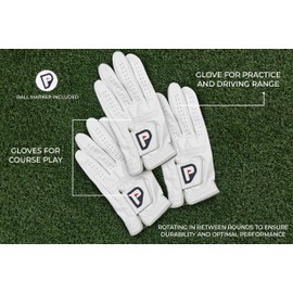 PUR3 Golf Cabretta Leather Golf Gloves - 3 Pack Pearl White - Ultra Soft with Ball Marker Included for Right Handed and Left Handed Golfers (Small, Left)