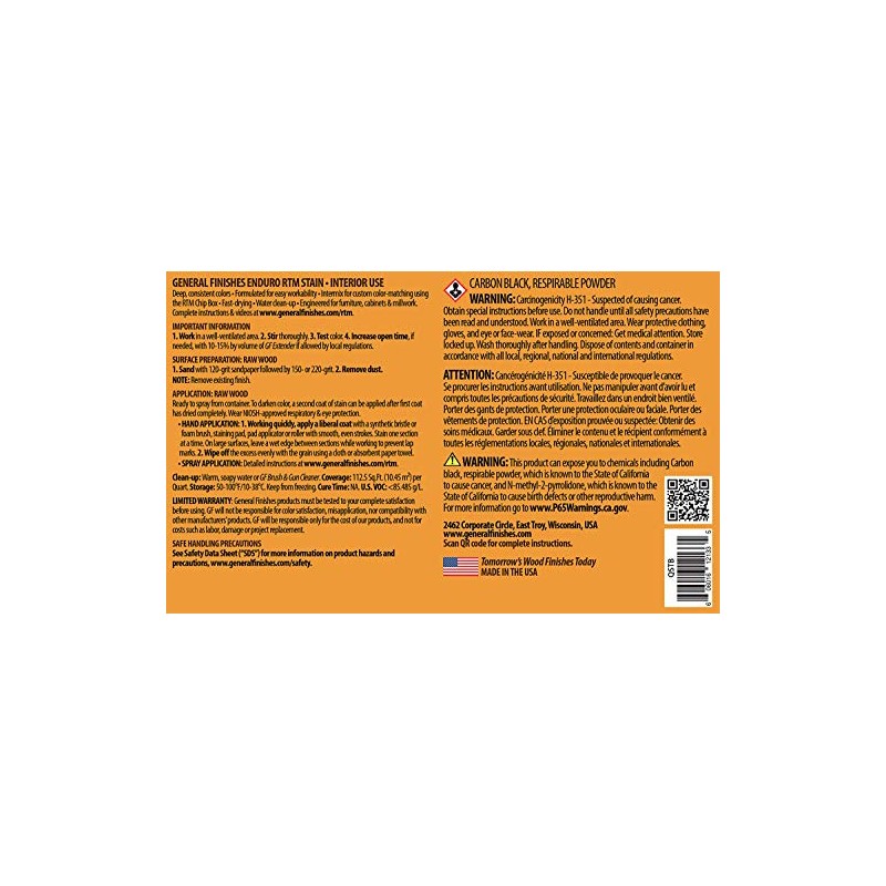 General Finishes Enduro RTM Water Based Wood Stain, 1 Quart,