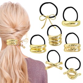 Alovez Pack of 7 Metal Hair Scrunchies Ponytail Hair Clip, Geometric Hollow Gold Hair Accessories, Fashionable Elastic Hair Band, Metal Ponytails Hair Cuffs for Women