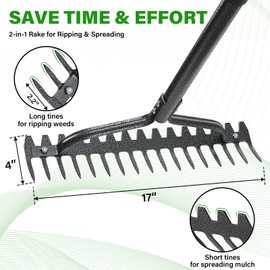 Garden Rake Heavy Duty, 17 Tines Metal Bow Rake with 77" Adjustable Handle, Landscape Yard Rakes for Lawns Leveling Loosening Soil, Spreading Mulch, Clearing Leaves Weeds Lawn Care Tool Thatch Rakes