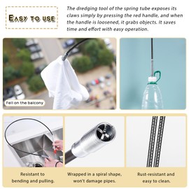 MAEXUS Claw Gripper 0.9 m & 2 m Flexible Drain Pipe Spiral Pipe Cleaning Spiral Retractable Gripper Pliers Telescopic for Bathtubs Sink Drain Pipes