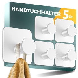 Menz Menz Handtuchhalter ohne Bohren, 5er SET - Stilvolle wei?e Haken selbstklebend mit 3M-Spezial-Klebe-Pads - Moderne Klebehaken ideal als Wandhaken, Handtuchhaken Bad rostfrei