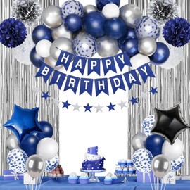 Navy Blue Happy Birthday Party Decorations,for Men Boys ,Blue Silver Party Decorations Curtains Happy Birthday Banner Graduation Party Decors ，Silver Fringe Curtain, Tissue Paper Pompoms.