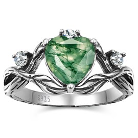 JIARUI Moss Agate Ring for Women 925 Sterling Silver Heart Cut Birthstone Ring Western Boho Gemstone Ring Jewelry Gift for Anniversary Birthday Fit Size 5