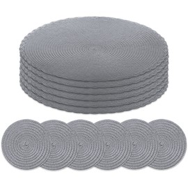 HEYOMART Round Placemats and Coasters Set of 6, Braided Woven Placemats Washable Heat Resistant Table Mats for Kitchen Dining Table Home Restaurant, Dark Grey