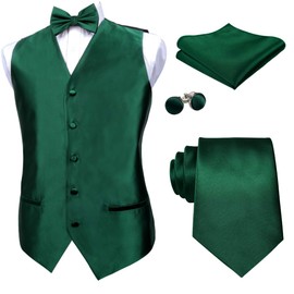 Alizeal Mens Classic 5 Pcs Solid Color Satin Suit Vest Set, Dark Green-L