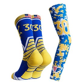 Youth Boys Basketball Socks Sports Athletic Crew Socks with Basketball Arm Sleeve - Made in USA (30 Royal/Gold, Youth (US 6-11))