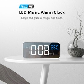 LED Digital Alarm Clock for Bedroom Electronic Clock with Thermometer 2 Alarms Snooze Function 4 Level Brightness Mirror Clocks USB Charging for Bedside Desk Office