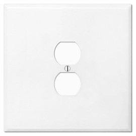 OVERSIZED JUMBO Metal Outlet Cover, 2 Gang Electrical Outlet Cover Plate (for 1 Centered Device), Wall Plate Cover for Duplex Outlets, Steel Painted White - UL Listed, 5.5" x 5.5" - Made in USA