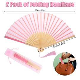 2 Pieces Folding Fan with Fringe Silk Hand Held Fan Portable 21 x 38 cm Folding Fan for Wedding Dance Fans (Pink2)