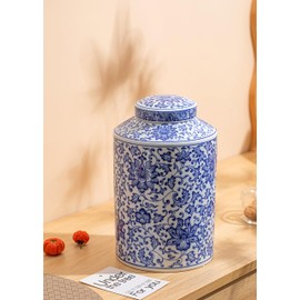 Blue and White Ginger Jar, Ceramic Chinoiserie Decorative Jars for Home, Office, Flower Vase Pocelain, Glossy Vase for Table, Living Room, Bookshelf, Mantle Fireplace, Centerpieces 11"