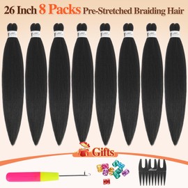 BARSDAR Pre stretched Braiding Hair - 26 Inch 8 Packs Black Long Braiding Hair For Twist or Box Braids, Yaki Texture Hot Water Setting Synthetic Crochet Braiding Hair Extensions -2# Natural Black