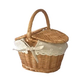 RXMORI Willow Basket Picnic Basket, Handmade Wicker Picnic Basket with Handle and Double Lids, Traditional Picnic Hamper, Small Handmade Woven Eggs Candy Basket(#1)