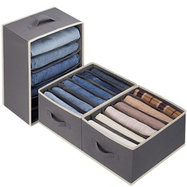 Baesyhom 3 Pcs Large Size Wardrobe Clothes Organizers 6 Grids for Pants, Jeans, Sweater, T-shirt, Dress Stackable Closet Drawer Organizer Storage Bin Container with Sturdy Handles, Dark Grey